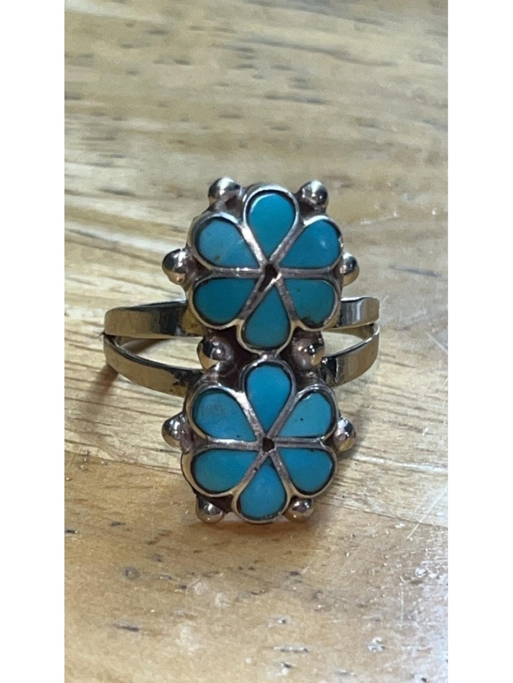 Zuni sterling silver turquoise inlay flower design ring size 6.75